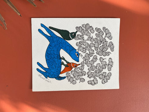 Traditional Gond wall painting of cow, birds and peacock